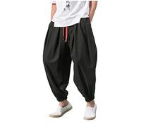 IQYU Men's Harem Trousers Simplicity Aladdin Trousers - Chinese Retro Style Wide Legs Yoga Trousers Pilates Martial Arts Kung Fu Tai Chi Thai Leisure Knickerbocker Worn Out Training Trousers, black, L