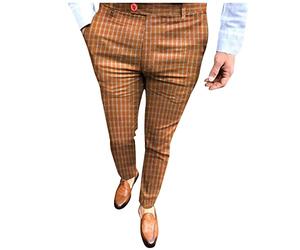 IQYU Men's Slim Fit Fashion Blue and White Checked Stretch Leisure Trousers Suit Trousers Casual Pinstripe Striped Fabric Suit Shaping Fabric Trousers Outdoor Trousers Comfortable Trousers