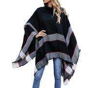 IQYU Poncho Women's Winter Turtleneck Knitted Poncho Cardigans Soft Cashmere Winter Poncho Checked Poncho Elegant Blanket Scarf Cotton Winter Scarf Loop Neckerchief Knitted Cape Z-black L