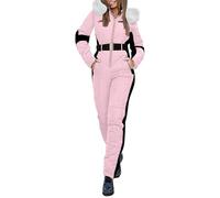 IQYU Snowsuit for Women One Piece Warm Waterproof Snow Overall Winter Snowboard Jacket With Fur Hood Softshell Ski Clothing Large Sizes Snow Trousers, Pink, S