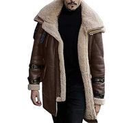 IQYU Waterproof Jackets Men Long Vintage Lapel Collar Long Sleeve Gilets Leisure Thicken Sheepskin Coat Male Fleece Lined Windbreaker Top Shacket Plus Size Winter Padded Leather Coat Gilet