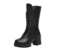 IQYU Western Cowboy Boots Women's Non Slip Slip On Leather Boots Side Zip Chunky Heel Biker Boots Women's Fashion Mid Calf Low Heel Boots For Camping Lace Up Boots For School Camping Hiking