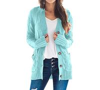 IQYU Women's Cardigan with Cable Pattern Elegant Long Sleeve Button Down Twist Sweater Long Sweater Cardigan for Women Lightweight Summer Jacket, azure, XXX-Large