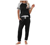 IQYU Women's Jogging Suit Set Cotton Leisure Suit Summer Leisure Suit Short Sleeve Tops Jogging Bottoms with Drawstring Sports Suit Long Tracksuit 2-Piece Pyjamas Sportswear Yoga Outfit, black, XXL