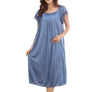 IQYU Women's Night Dress Long Satin Nightdress Short Sleeve Large Sizes Nightgowns Silk Pleated Sleepwear Lace Pyjama Dress Summer Lightweight Lounge Robe Thin Elegant Lingerie Nightgowns Sleepwear,