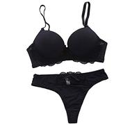 IQYU Women's Push-Up Sexy Padded Bra Set Underwear Lingerie Lace Bra Knickers Padded Underwear Bustier Crop Lingerie Top Wireless Underwear Breathable Bustier Bra Comfort Bra, black, 36C