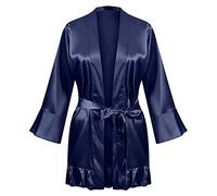 IQYU Women's Silk Dressing Gown Short Bathrobe Large Sizes Sexy Kimono Robe Satin Lightweight Sleepwear V-Neck with Belt Bathrobes Long Sleeve Ruffle Nightdress Soft Lounge Nightgowns, darkblue, M