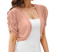 IQYU Women's Summer Bolero Jacket Pleated Short Sleeve Knitted Cardigan Lightweight Summer Jacket Elegant Shoulder Jacket Festive Bolero Jacket Transparent Bolero Jacket Open Front Shrug Top, pink, M