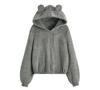 IQYU Women's Teddy Fur Jacket with Ears: Hoodie Women's Long Sleeve Fluffy Warm Cute Hoodie Elegant Pullover Women Plush Fleece Teddy Jacket Jumper Bear Tops Sweatshirt Hoodie Jacket MäNtel, gray, M