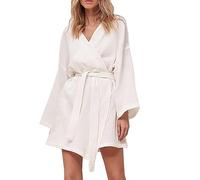 IQYU Women's Waffle Bathrobe Short Cotton House Coat Lightweight Summer Sauna Gown Long Sleeve Large Sizes Bathrobes Sauna Soft Kimono with Belt Dressing Gown Thin Solid Loungewear Sleepwear