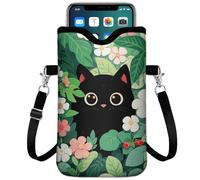 IRADA Neoprene Cell Phone Sleeve Pouch Case Bag with Crossbody Strap Neck Lanyard for Women Men 7.6 X 4.3 Inches-Black Cat Floral Shockproof Universal Phone Bag