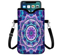 IRADA Neoprene Cell Phone Sleeve Pouch Case Bag with Crossbody Strap Neck Lanyard for Women Men 7.6 X 4.3 Inches-Purple Mandala Flower Shockproof Universal Phone Bag