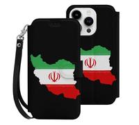 Iran Flag Map Leather Wallet Phone Case Compatible with iPhone 15 Series Wrist Strap Printed Flip Protective Cover
