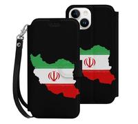 Iran Flag Map Leather Wallet Phone Case Compatible with iPhone 15 Series Wrist Strap Printed Flip Protective Cover