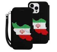 Iran Flag Map Leather Wallet Phone Case Compatible with iPhone 15 Series Wrist Strap Printed Flip Protective Cover