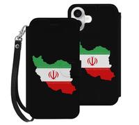 Iran Flag Map Leather Wallet Phone Case Compatible with iPhone 16 Series Printed Wrist Strap Flip Protective Cover