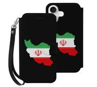 Iran Flag Map Leather Wallet Phone Case Compatible with iPhone 16 Series Printed Wrist Strap Flip Protective Cover