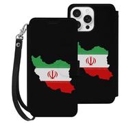 Iran Flag Map Leather Wallet Phone Case Compatible with iPhone 16 Series Printed Wrist Strap Flip Protective Cover