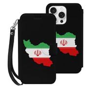 Iran Flag Map Leather Wallet Phone Case Compatible with iPhone 16 Series Printed Wrist Strap Flip Protective Cover