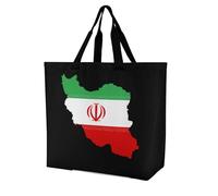 Iran Flag Map Lightweight Large Shopping Bag with Inside Pocket Reusable Grocery Bags Foldable Shoulder Handbag
