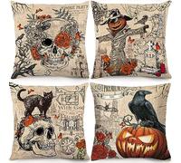 Irayin Halloween Pillow Covers 18x18 Inch Set of 4 Pumpkin Crow Scarecrow Skull Throw Pillow Covers Halloween Decorations Winter Holiday Decor Linen Pillowcase Cushion Case for Sofa Couch Home Decor
