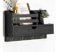 Irayin Key Holder Wall Mount, Key Racks for Wall, Wooden Adhesive Mail and Key Organizer with Drawer, Small Shelf, 8 Hooks, 2 Installation Methods, Black