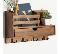 Irayin Key Holder Wall Mount, Key Racks for Wall, Wooden Adhesive Mail and Key Organizer with Drawer, Small Shelf, 8 Hooks, 2 Installation Methods, Brown
