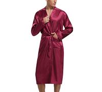 Irdcomps Men's Kimono Dressing Gown Silk Robes Satin Long Bathrobe Lightweight Nightgown Classic Nightwear Long Sleeve Sleepwear with Pockets Loungewear Red L