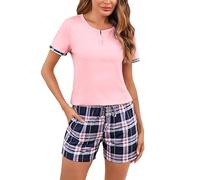 Irdcomps Pyjamas Set for Women Cotton Short Sleeve Soft 2 Pieces Pjs Set Loungewear Sleepwear Nightwear Casual Summer Drawstring with Pocket Pink,XXL