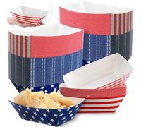 Ireer 100 Pcs Patriotic Serving Trays Paper Food Trays 2lb American Flag Food Boats White Blue Red Star Stripes Food Boats for Labor Day Veteran Day Festival Event Patriotic Party Decoration (Classic)