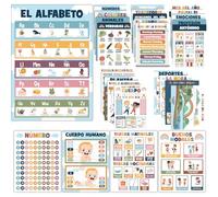 Ireer 28 Pcs Boho Spanish English Bilingual Educational Posters for Toddlers 12" x 16" Abecedario para Niños En Español Kids Learning Posters Decorations for Nursery Preschool Kindergarten Classroom