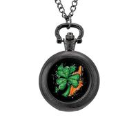 Ireland Irish Flag Green St. Patrick's Day Vintage Pocket Watch Alloy Pendant Watches Necklace Gift for Men Women Black-Style