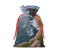 Ireland Outdoors County Clare The Cliffs Burlap Drawstring Gift Bag With Tag, Reusable Linen Pouch For Christmas, Birthday, Party, Small Gift Packaging S