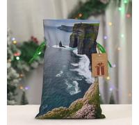 Ireland Outdoors County Clare The Cliffs Christmas Gift Bag Burlap Xmas Drawstring Gift Sack with Tag & Tie, Small Christmas Bags for Gifts, Reusable Gift Wrapping Bag for Holiday Party Favors