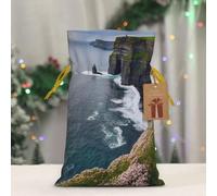 Ireland Outdoors County Clare The Cliffs Christmas Gift Bag Burlap Xmas Drawstring Gift Sack with Tag & Tie, Medium Christmas Bags for Gifts, Reusable Gift Wrapping Bag for Holiday Party Favors