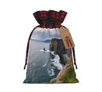 Ireland Outdoors County Clare The Cliffs Christmas Gift Bag Burlap Xmas Drawstring Gift Sack with Tag & Tie, Buffalo Plaid Christmas Bags for Gifts, Reusable Gift Wrapping Bag Holiday Party Favors