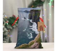 Ireland Outdoors County Clare The Cliffs Christmas Gift Bag Drawstring Burlap Xmas Gift Bag with Tag and Tie Small Christmas Bags for Gifts Reusable Bag for