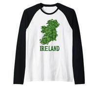 Ireland Shamrock Map Design, St Patrick’s Day Green Clover Raglan Baseball Tee