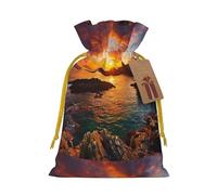 Ireland Sunset Seascape print Large Christmas bag, reusable drawstring linen packet, Birthday Parties Supplies