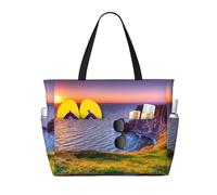 Ireland Sunset Seascape Print Large Waterproof Beach Tote Bag for Women with Zip and Pockets Foldable Handbag for Travel Pool Shopping Holiday Gym