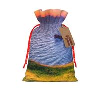Ireland Sunset Seascape Printed Christmas Drawstring Bags with Red Christmas Ribbon - Reusable Burlap Drawstring Gift Pouches, M