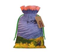 (Ireland Sunset Seascape) Printed Christmas M Size Gift Bags with Green Ribbon Drawstring Candy Bags for Kids Xmas Holiday Christmas Eve Presents