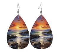 Ireland Sunset Seascape Printed Dangle Leather Earrings, Reversible Statement Jewelry with Silver Plated Hooks