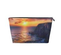 Ireland Sunset Seascape Printed Toiletry Bag for Women Girl Portable Travel Cosmetic Bag Leather Makeup Pouch Organizer with Silver Zipper