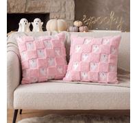 Irenare 2 Pcs Pink Ghost Pillow Covers, 18 x 18 Inches Spooky Checkered Halloween Throw Pillow Cases, Double Sided Cute Pink Halloween Decor for Home Living Room Bedroom Sofa Couch Decor