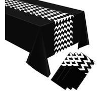Irenare 3 Pcs 54 x 108 Inch Disposable Stripe Table Runner, on Black Wavy Striped Table Runner, Classic Plastic Zig Zag Shaped Table Cloth for Wedding Evening Holiday Birthday Parties