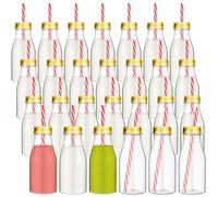Irenare 40 Sets Plastic Small Milk Bottles with Straws and Metal Lids Clear Plastic Bottle for Dairy Milk Party Bottle for Milk Juices Shakes Smoothies, 40 Bottles and 40 Straws (Gold,8 oz)