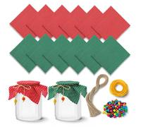 Irenare 50 Set 8 Inch Christmas Cotton Jar Covers with Twine Ties Red Green Homespun Polka Dot Fabric Hemp Rope and Beads Farmhouse Jar Cover Cloth for Xmas Decoration