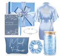 Irenare 8 Pcs Proposal Gifts Set Robes Makeup Bag Cup Cards Hair Tie Bracelet Diamond Pen Bridesmaid Gift Box (Blue,Maid of Honor)