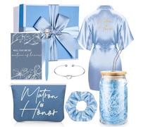 Irenare 8 Pcs Proposal Gifts Set Robes Makeup Bag Cup Cards Hair Tie Bracelet Diamond Pen Bridesmaid Gift Box(Blue,Matron of Honor)